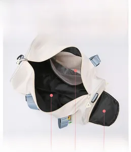 Detail view of large travel bag featuring dry-wet separation and independent shoe compartment