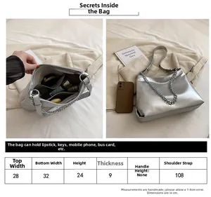 Detailed size chart for silver metallic chain tote bag with capacity measurements