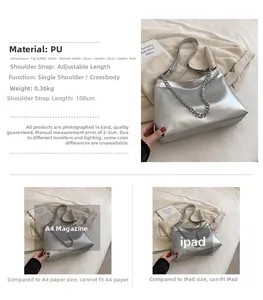 Silver tote bag dimensions 32x24x9cm with chain detail and adjustable strap