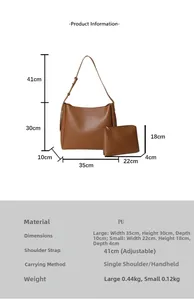 Detailed size chart for vintage brown PU leather bucket bag and matching inner pouch