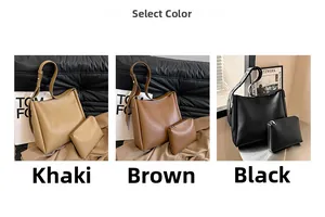 Minimalist leather tote bag and pouch set shown in khaki, brown, and black colors