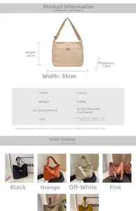 Detailed size chart and multi-color options for the 35x28x13cm canvas tote bag