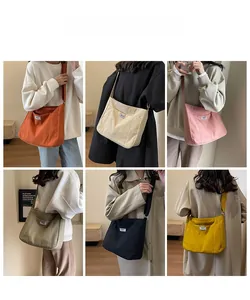 Detailed grid view of minimalist canvas crossbody tote bags in six different vibrant colors