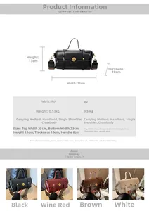 Detailed chart showing size 25x13x10cm and specifications for this PU barrel bag