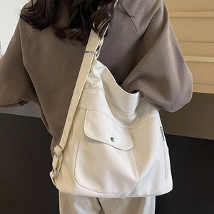 Cream white large capacity faux leather tote bag with front pocket and wide strap