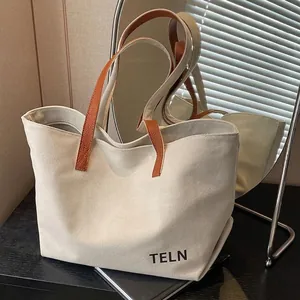 Women's Large Capacity Canvas Tote Bag With PU Leather Handles Letter Print Minimalist Shoulder Bag For Commuting Daily