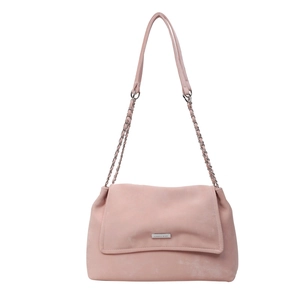 Pink faux suede crossbody tote bag with silver chain strap and metal logo plaque