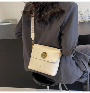 Détail du sac bandoulière crème avec boucle lion dorée et bandoulière en jacquard