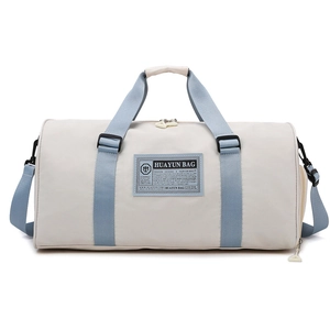 Large Oxford cloth travel bag in beige and blue with a spacious cylindrical design