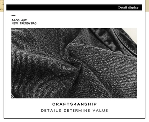 Gros plan d'un sac cabas en denim gris montrant la texture du tissu et les coutures nettes