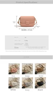 Detailed view of women's vintage square crossbody bag showing size chart and six colors