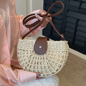 French style straw tote bag with leather strap and hollow mesh overlay for summer holidays
