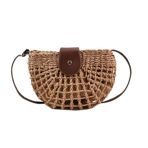 French style half-moon woven straw tote bag with brown leather flap and inner lining