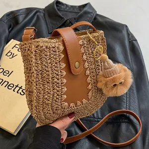 Women Woven Straw Bucket Bag PU Leather Flap Crossbody Shoulder Purse Summer Beach Holiday Vacation Handmade Chic