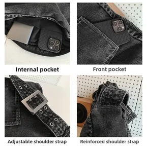 Détail du sac cabas en denim montrant la boucle réglable et les coutures renforcées