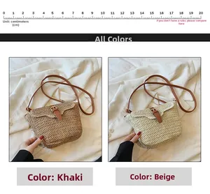 Detail der handgewebten Stroh-Beuteltasche mit Lederverschluss und braunem Riemen