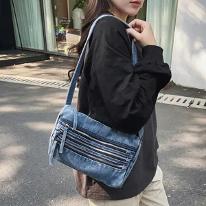 Washed Denim Shoulder Bag Retro Y2K Streetwear Tote With Multi-Zipper Pockets Large Capacity Casual Crossbody Bag Women