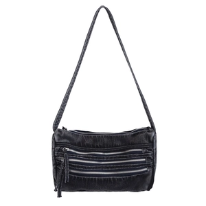 Black washed denim tote bag with multiple zippers and adjustable shoulder strap