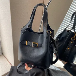 Women Pebbled PU Leather Bucket Bag Minimalist Crossbody Handbag With Gold Buckle Decor Double Handles Adjustable Strap