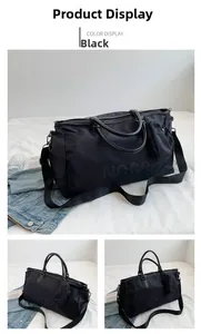 Detail of black nylon travel duffel with NOCO logo, detachable strap and small pouch