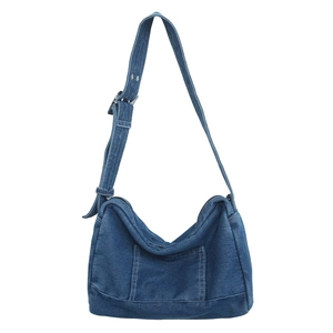 Grand sac cabas en denim bleu foncé avec bandoulière réglable pour femmes style décontracté