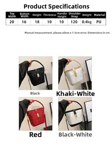 Detailed size chart and multi-color options for the minimalist PU bucket handbag