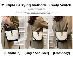 Detail view of contrast bucket bag showing crossbody, shoulder and handbag styles
