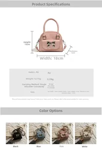 Detail view of mini quilted shell bag with silver bow buckle and size specifications