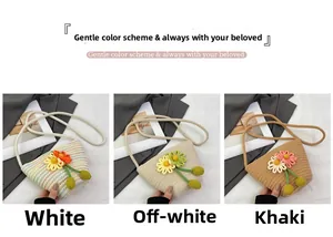 Detailed close-up of handmade woven cotton shoulder bags with floral accents in three colors