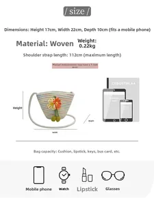 Detailed size specifications for woven shoulder bag with floral accents and dimensions