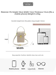 Size chart showing cream crossbody mobile phone bag dimensions and daily storage capacity