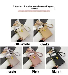 Close-up of textured crossbody phone bags with metallic twist locks in five trendy colors