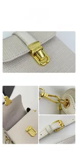 Detailed views of white textured leather bag showing gold hardware and adjustable strap