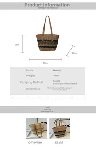 Detailed chart showing dimensions and specifications of this straw woven beach tote bag