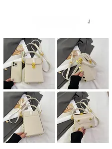 Detailed views of beige crossbody phone bag with gold hardware and woven texture