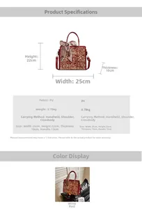 Detail of burgundy PU leather wedding handbag with embroidery, silk scarf and metal hardware