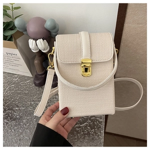 Detailed view of cream white woven PU leather phone bag with gold metal buckle