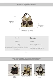 Detailed size chart for a versatile canvas backpack featuring dual heart zipper pockets