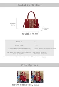 Detailed dimensions of red bridal PU handbag with traditional Chinese embroidery and heart charm