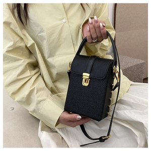 Detail of black mini crossbody bag with textured waffle pattern and gold snap buckle lock