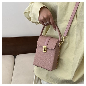 Close-up of pink textured box bag featuring gold metal clasp and rivet details
