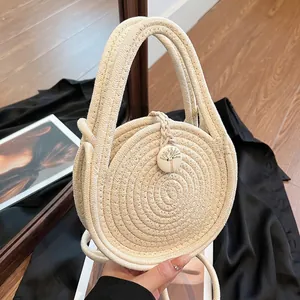 Round Woven Straw Crossbody Bag Mini Cotton Rope Shoulder Handbag With Wooden Button Bohemian Beach Style For Women