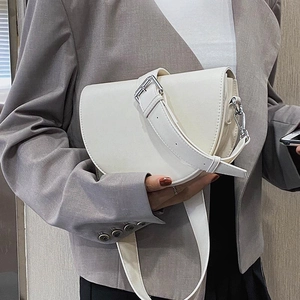 Modern white matte saddle bag with adjustable silver metal buckle and strap