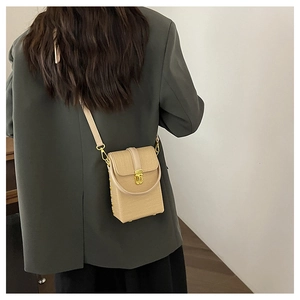 Detailed back view of a light coffee woven crossbody mini phone bag with a gold metal lock