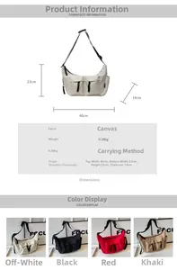 Size chart and specifications for canvas tote bag with dimensions and color options