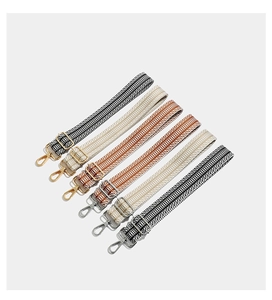Close-up of geometric embroidered wide bag straps with high-quality metal swivel hooks