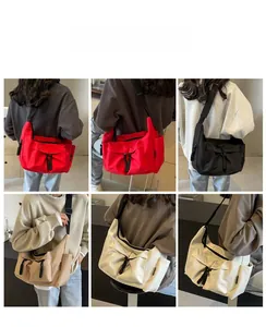 Collage of multi-color large canvas tote bags showing crossbody wear on models