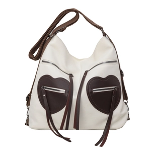 Large white canvas tote bag with brown leather heart pockets and fringe zippers