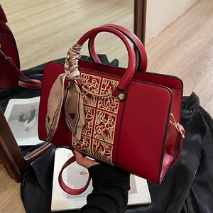 Red Handbag Women PU Leather Crossbody Bag Vintage Gold Embroidery With Satin Scarf Handle Elegant Wedding Party