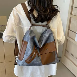 Large Capacity Women Backpack Tote Bag Retro PU Leather And Canvas Patchwork Multi-Pocket Functional For Travel
